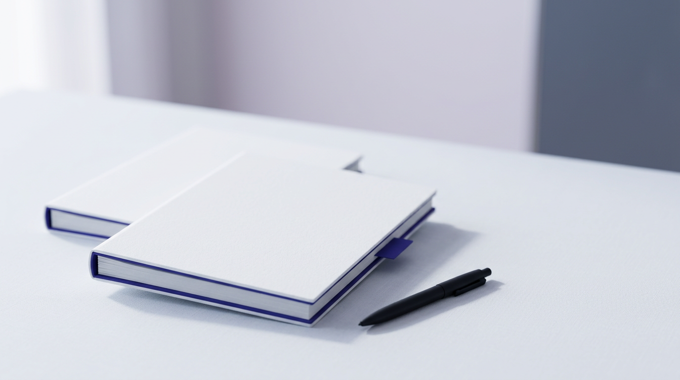 Editorial still life of a bound board pack, a pen, and reading glasses arranged on a desk with indigo accents